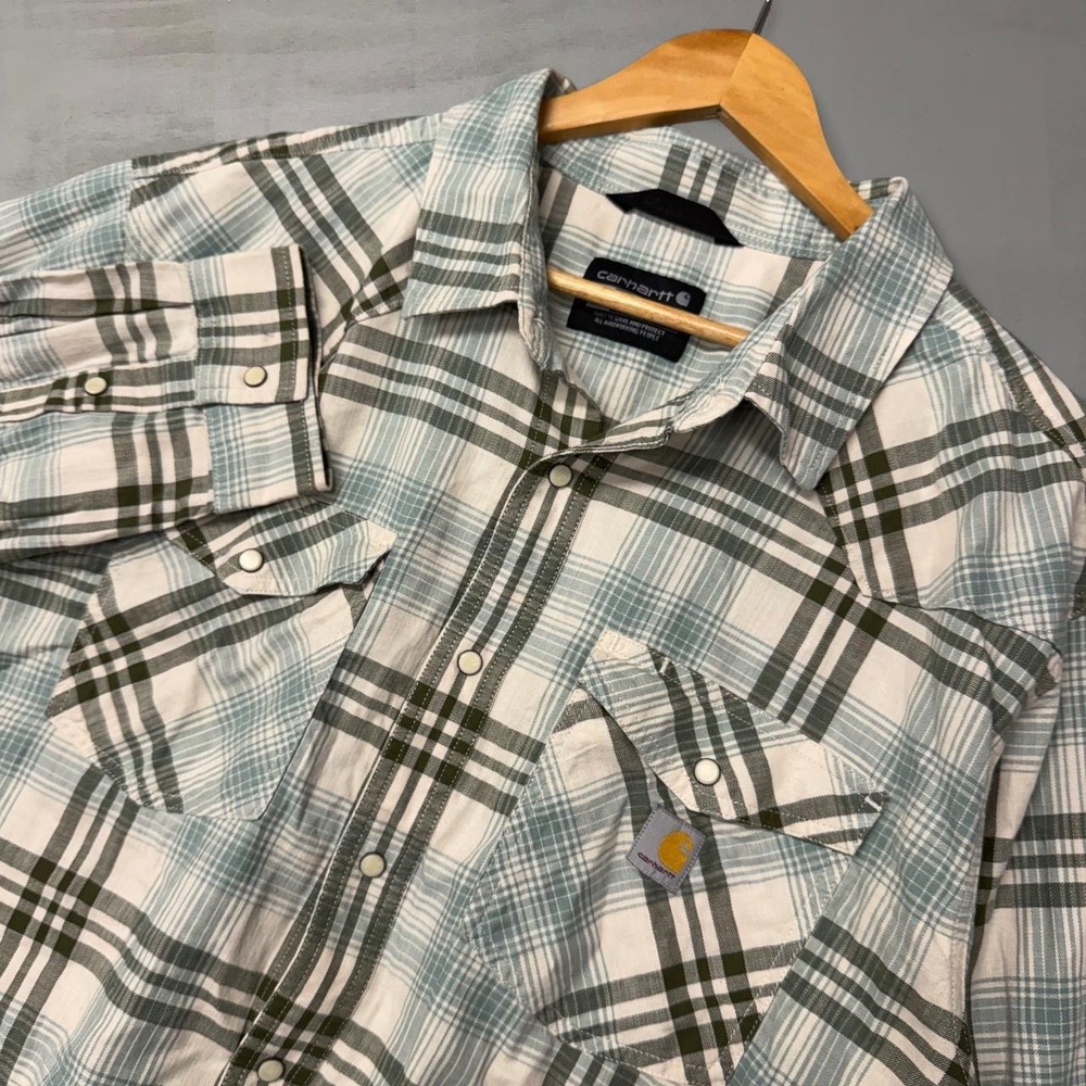 Carhartt Western Pearl Snap Shirt Green‎ Blue Plaid Relaxed Fit 2XL TW6430-M